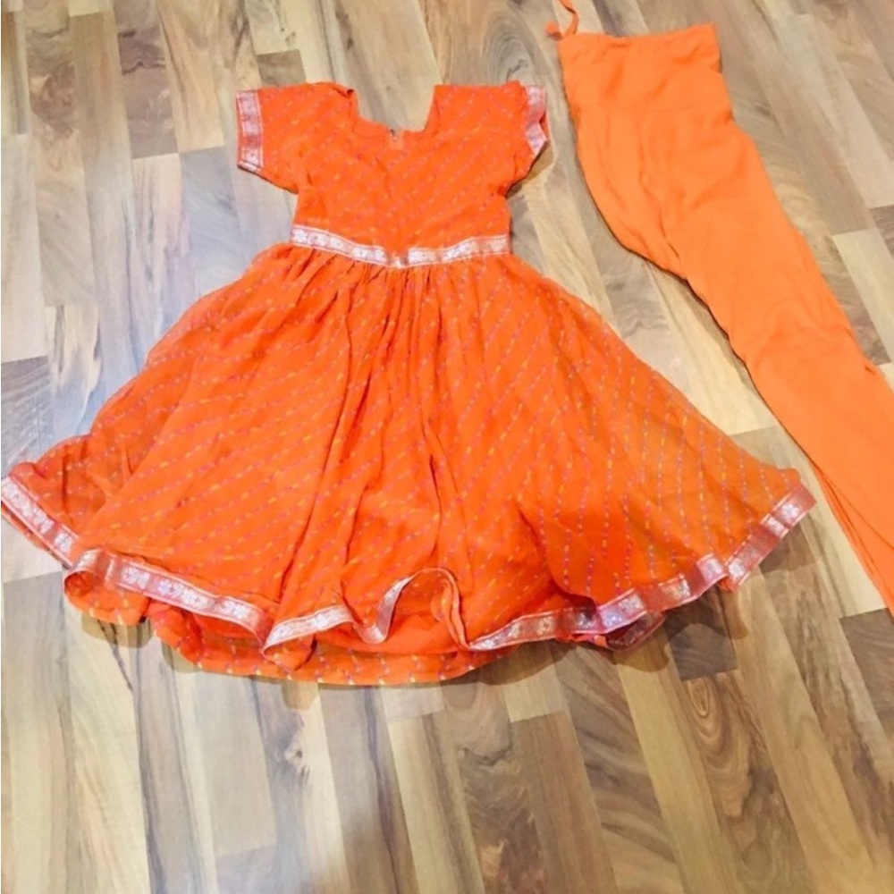 NWT Orange and Gold Anarkali Lengha Dress Sari Choli Halloween Costume Fit Flare